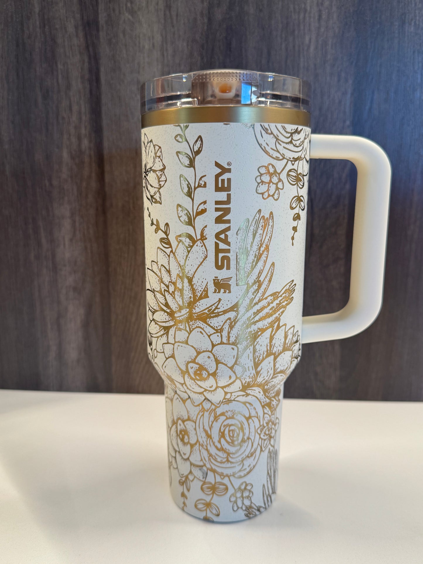 Succulents on Cream Moon 40oz Stanley ProTour