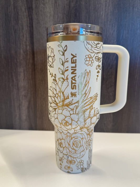 Succulents on Cream Moon 40oz Stanley ProTour