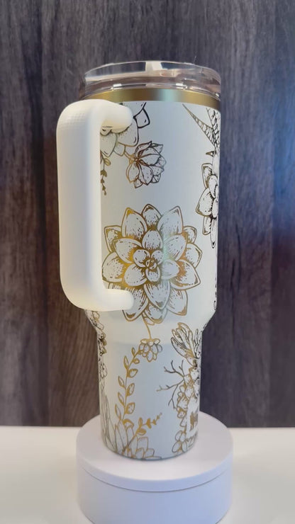 Succulents on Cream Moon 40oz Stanley ProTour